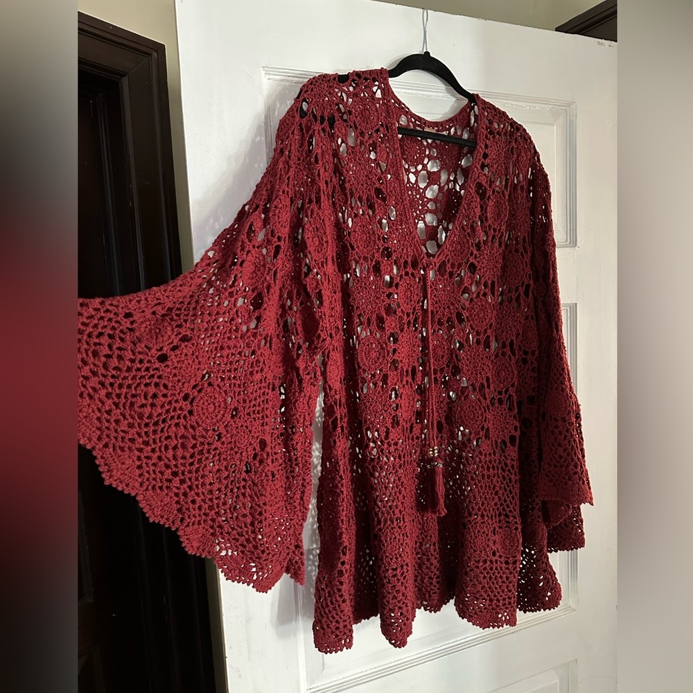Free People Crochet Maroon Open Sweater - One Size